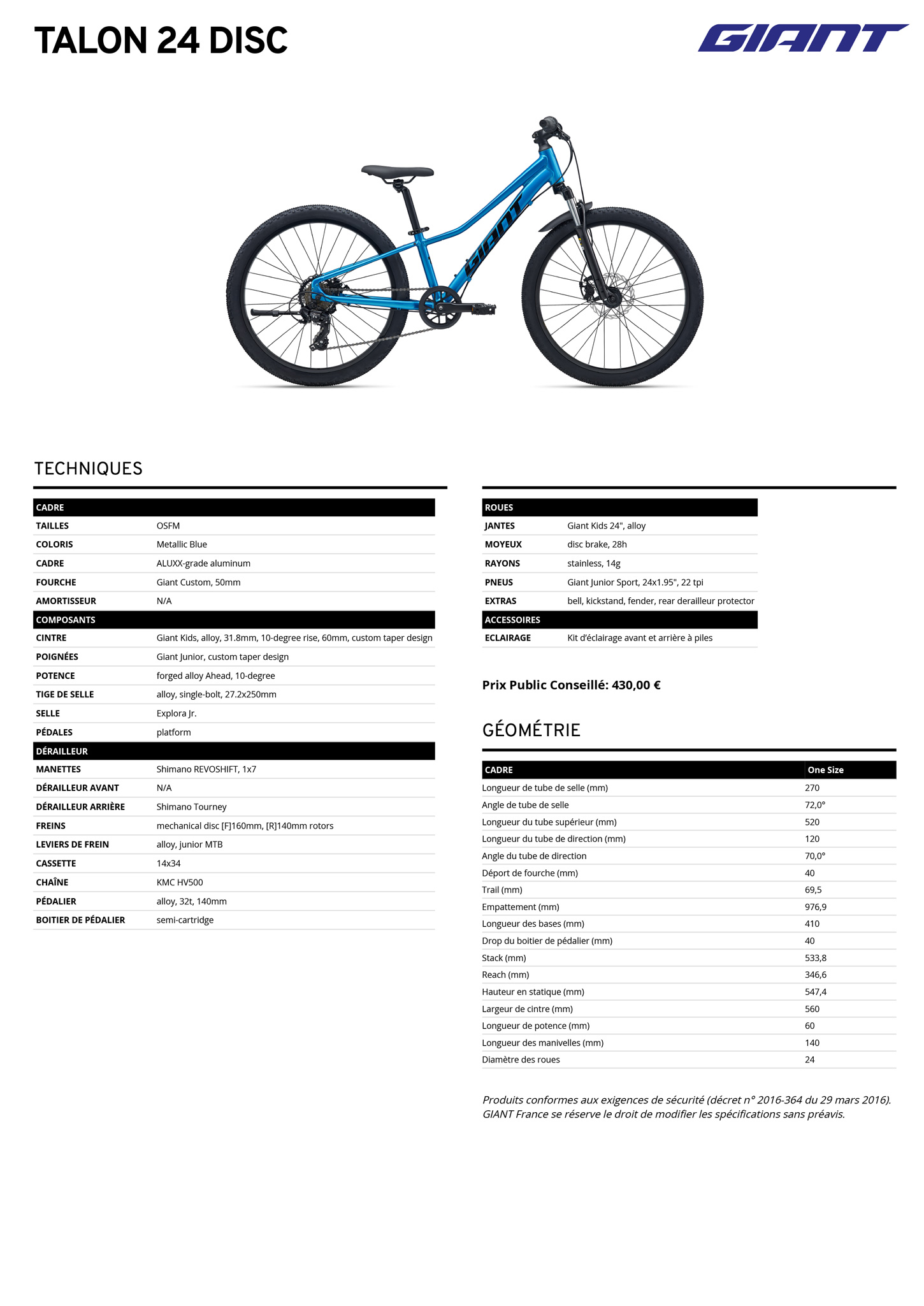 Fiche technique du velo Talon 24 année 2026